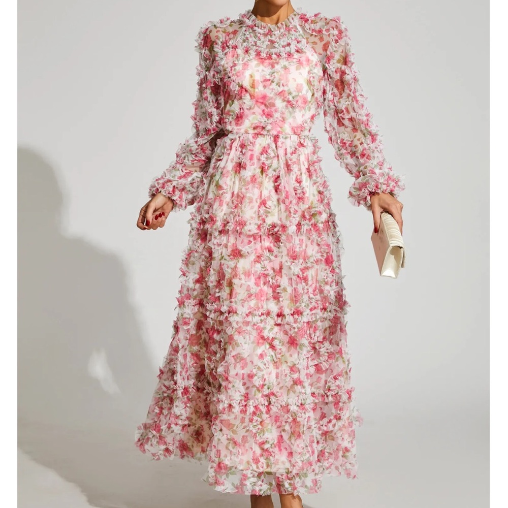NEW CATCHALL Pullan Pink Floral Mesh Maxi Dress